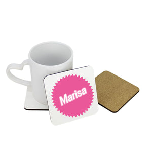 Personalised Pink Badge Name Square Coaster