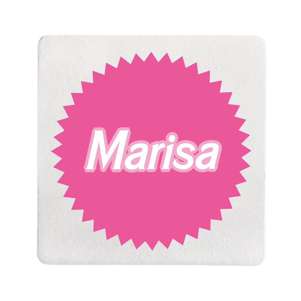 Personalised Pink Badge Name Square Coaster