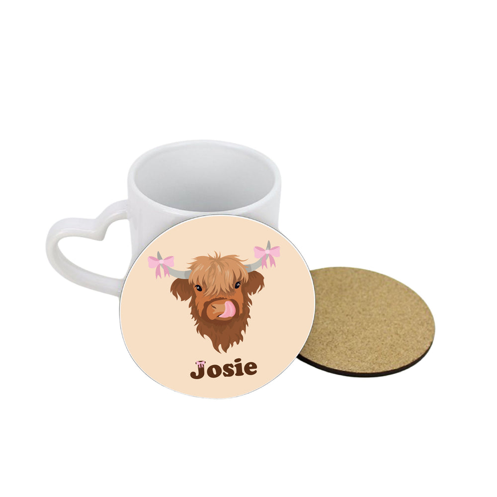 Personalised Coquette Highland Cow Circle Coaster