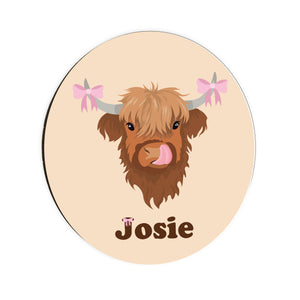 Personalised Coquette Highland Cow Circle Coaster