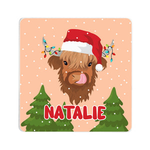 Personalised Santa Highland Cow Square Coaster