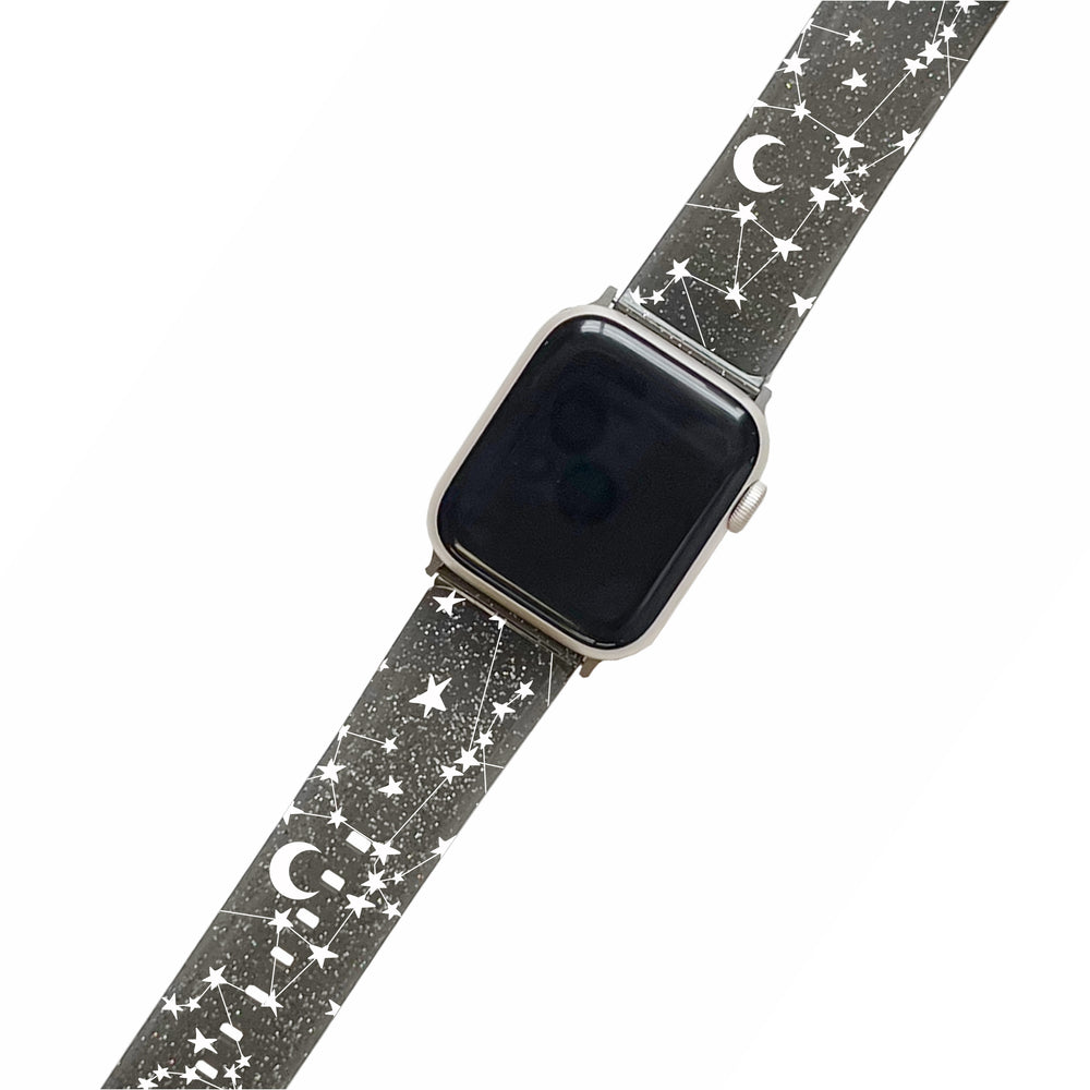 White Stars & Moons - Black Glitter Smartwatch Strap
