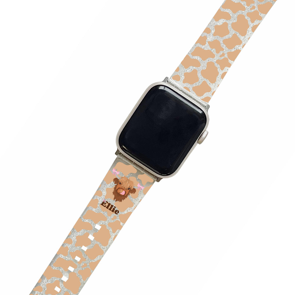 Personalised Coquette Highland Cow Clear Glitter Smartwatch Strap
