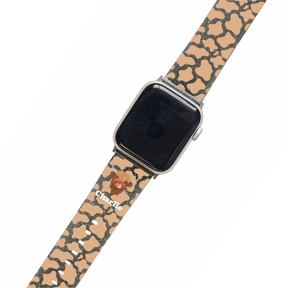 Personalised Highland Cow Black Glitter Smartwatch Strap