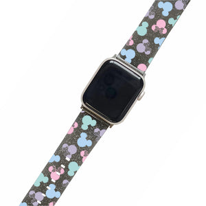 
            
                Load image into Gallery viewer, Pastel Mickey &amp;amp; Minnie - Black Glitter Smartwatch Strap
            
        