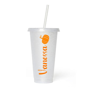 Personalised Pumpkin Name Frosted Glitter Tumbler Cup