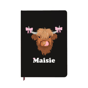 Personalised Coquette Highland Cow Black Notebook