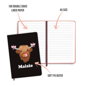 Personalised Coquette Highland Cow Black Notebook