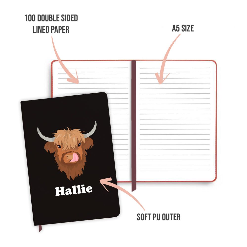 Personalised Highland Cow Black Notebook