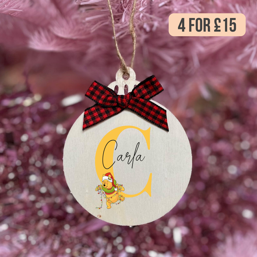Personalised Christmas Winnie The Pooh Initial Wooden Decoration