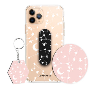 White Stars & Moons Phone Case, Phone Loop, Coaster + Keyring Bundle