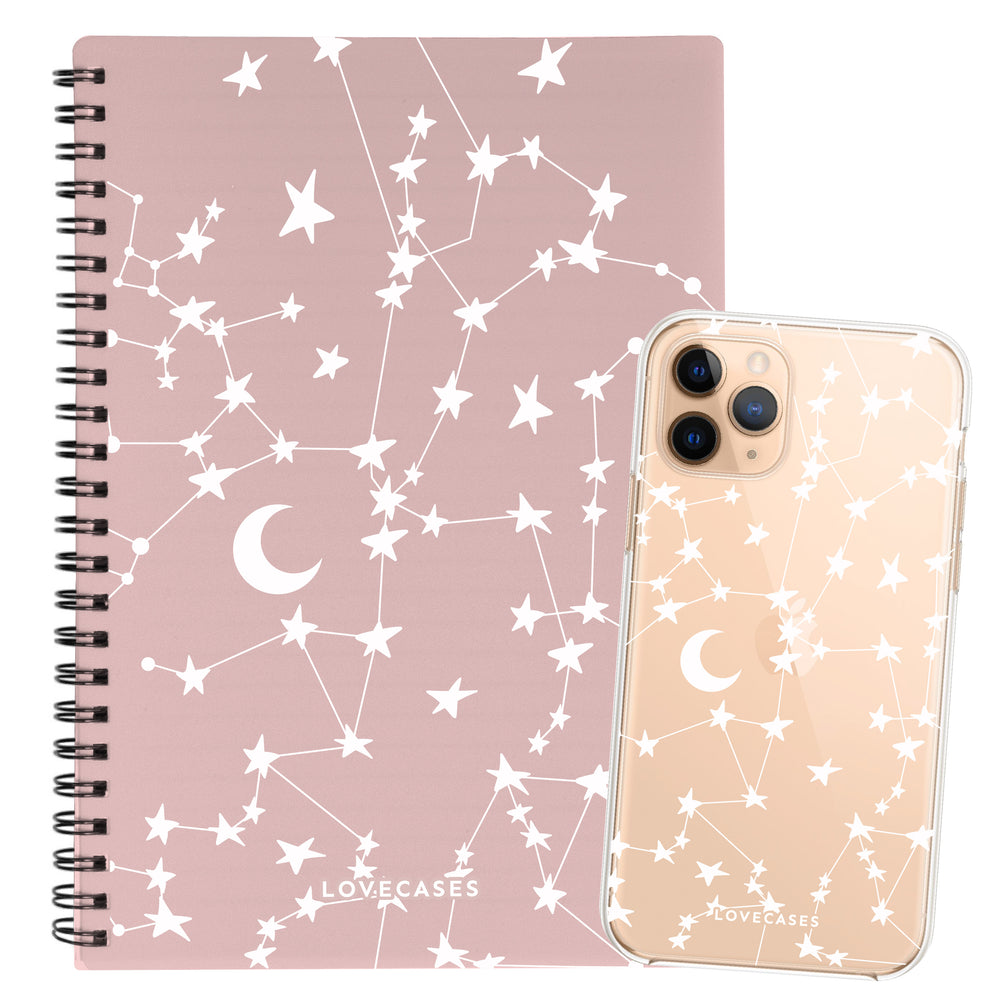 White Stars & Moons Phone Case + Notebook