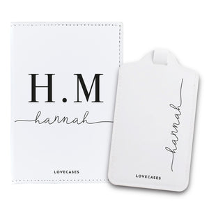 White Personalised Initials Passport Cover + Luggage Tag Bundle