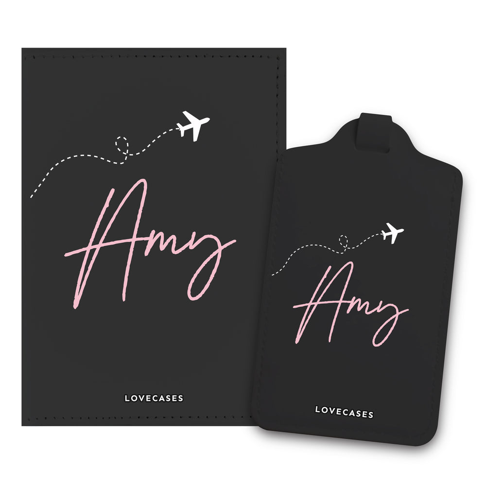 Black Personalised Jet Set Passport Cover + Luggage Tag Bundle