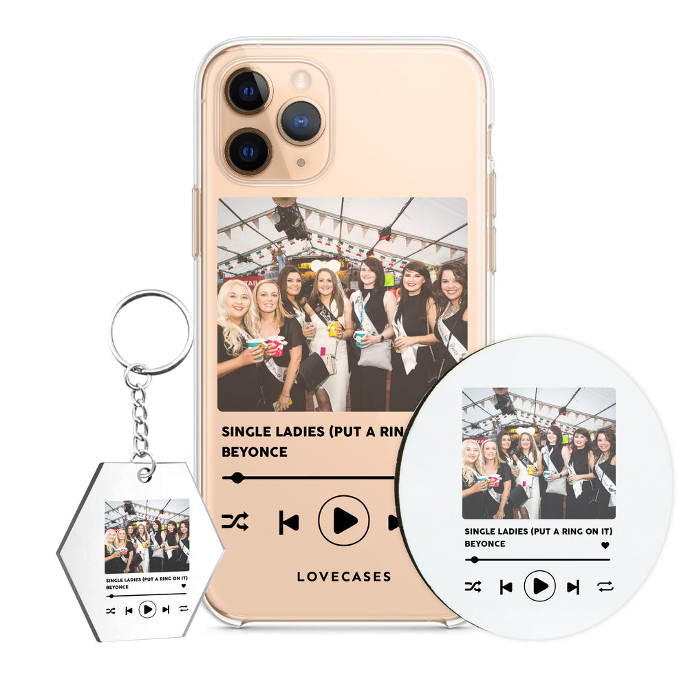 Personalised Black Song Photo Phone Case, Coaster + Keyring Bundle